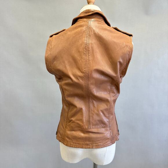 Muubaa Lynn Tan Brown Sleeveless Leather Biker moto jacket vest US Size 6 UK 10 - Picture 10 of 15